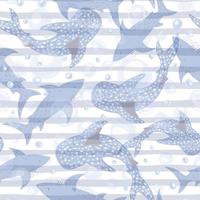 Seamless pattern see-through sharks on blue striped background. Cute print with Hammerhead, Whale, White shark and bubbles. vector