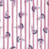 Random abstract seamless water transport pattern with doodle sailbot ship shapes. Pink and white striped background. vector