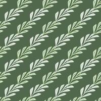 Hand drawn seamless pattern with diagonal foliage stylized elements print. Green olive background. vector