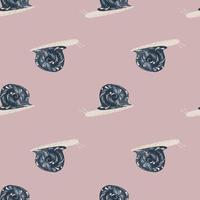 Minimalistic seamless doodle pattern with navy blue snails silhouettes. Pale lilac background. Decorative fauna ornament. vector