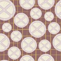 Seamless random pattern with circle wood shield ornament. Light pastel ancient print on pale maroon chequered background. vector