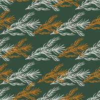White and orange colored rosemary seamless pattern. Dark green background. Cartoon herb print. vector
