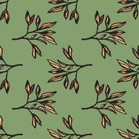 Autumn branch silhouettes seamless pattern. Orange foliage in black contour on green soft background. vector