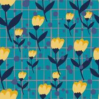 Random seamless pattern with flower elements. Folk stylized ornament in yellow and navy colors on chequered blue background. vector