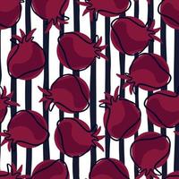 Random abstract seamless pattern with dark pink contoured pomegranate shapes. Striped background. vector