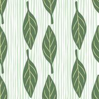 Forest seamless pattern with green doodle leaves silhouettes print. Blue and white striped background. vector