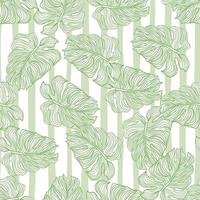 Linear monstera outline seamless pattern on stripe background. Tropical leaves backdrop. vector