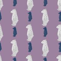 Cartoon seamless pattern with polar doodle bear ornament. Pastel puple background. Simple style artwork. vector