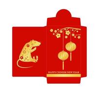 Chinese New Year red envelope flat icon. Vector. Red packet with gold rat and lanterns. Chinese New Year 2020 year of the rat. vector