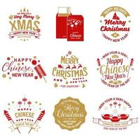 Set of Merry Christmas and happy Chinese New Year design in retro style. Vector. Vintage typography design for chinese new year and xmas emblem. vector