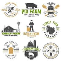 American Farm and Honey bee farm Badge or Label. Vintage typography design with bee, honeycomb piece, hive, chicken, pig, cow and farm house silhouette. Elements on the theme farm business. vector