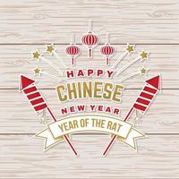 Happy Chinese New Year sticker design. Vector. Chinese New Year patch or greeting card. Chinese sign with lanterns and firework rocket. Banner for website template vector