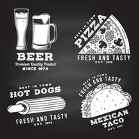 Set of fast food retro badge design on the chalkboard. Vintage design with pizza, beer, taco, hot dog for pub or fast food business. Template for restaurant identity objects, packaging and menu vector