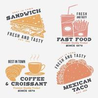 Set of fast food retro badge design. Vintage design with sandwich, coffee, taco, croissant for pub or fast food business. Template for restaurant identity objects, packaging and menu vector