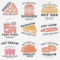 Set of fast food retro badge design. Vintage design with hotdog, burger, pizza for cafe, restaurant, pub or fast food business. Template for restaurant identity objects, packaging and menu vector