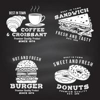 Set of fast food retro badge design on the chalkboard. Vintage design with sandwich, coffee, croissant, burger, donuts for pub or fast food business. For restaurant identity objects, menu vector