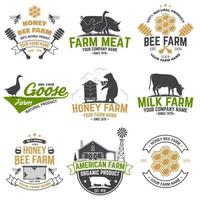 American Farm and Honey bee farm Badge or Label. Vintage typography design with bee, honeycomb piece, hive, chicken, pig, cow and farm house silhouette. Elements on the theme farm business. vector