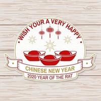 diseño de pegatinas de feliz año nuevo chino. vector. parche de año nuevo chino o tarjeta de felicitación. cartel chino con fuegos artificiales rojos y linternas vector