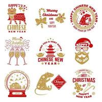 Set of Merry Christmas and happy Chinese New Year design in retro style. Vector. Vintage typography design for chinese new year and xmas emblem. vector