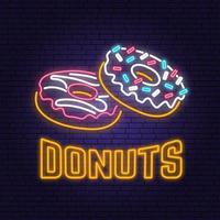 Neon donuts retro sign on brick wall background. Design for cafe, restaurant. Vector. Neon design for pub or fast food business. Light sign banner. Glass tube. vector