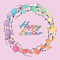 Easter, wreath of willow and painted eggs vector