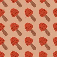 Stylized forest print seamless mushroom pattern. Creative amanitas simple silhouettes in red tone on beige background. vector