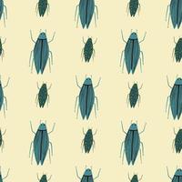 Blue colored bugs ornament seamless doodle pattern. Hand drawn simple elements on light yellow background. vector