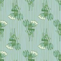 Flowers abstract bouquet seamless pattern. Pastel green botanic ornament on background with blue strips. vector