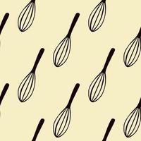 Black corolla silhouettes seamless doodle pattern. Kitchen mixing equipments on light yellow background. vector