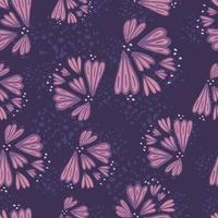 Random lilac outline flower silhouettes seamless pattern. Dark purple background with splashes. vector