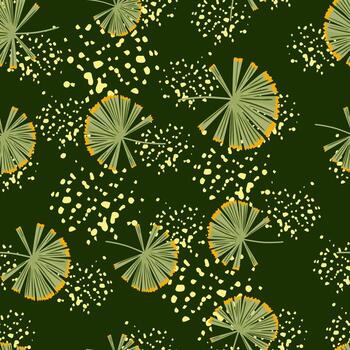 Random hand drawn seamless pattern with abstract palm licuala shapes. Green background with splashes. vector