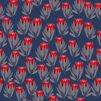 hojas grises y flores rojas de protea sin costuras. fondo azul marino. pequeño telón de fondo natural al azar. vector