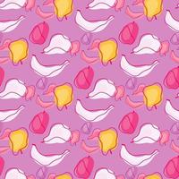 Flat colorful seamless pattern with summer fruits. bananas, apples, plums and pears. Lilac background. Random print. vector