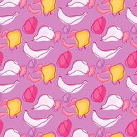 Flat colorful seamless pattern with summer fruits. bananas, apples, plums and pears. Lilac background. Random print. vector