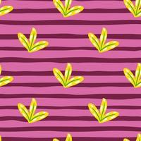 Yellow bright simple leaves seamless pattern in hand drawn style. Purple striped background. Scrapbook ornament. vector