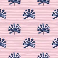 Scrapbook abstract seamless pattern with navy blue folk licuala palm ornament. Pink striped background. vector