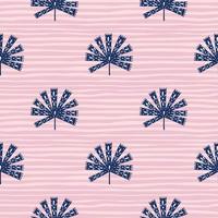 Scrapbook abstract seamless pattern with navy blue folk licuala palm ornament. Pink striped background. vector