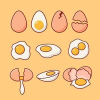 Cartoon eggs isolated on a brown background. Set of fried eggs, boiled, half, sliced. Vector illustration. Eggs in various forms.