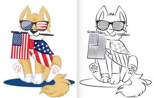 plantilla de página de libro para colorear con el concepto del día de la independencia de estados unidos. perro que se ve lindo con gafas de sol con bandera de rayas y estrellas. vector