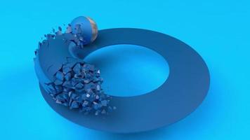 Representación 3D del objeto que sigue a la bola que se rompe y se fusiona en el disco azul con una ilustración de animación abstracta en bucle