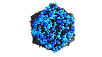 partículas de bola azul que cubren un objeto negro sobre un fondo blanco sin fin