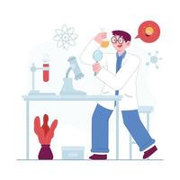 idea de ilustración de vector de concepto de ciencia para plantilla de página de inicio, científico en investigación de experimentos de laboratorio, biología, química, innovación científica de conocimiento de física. estilo plano dibujado a mano