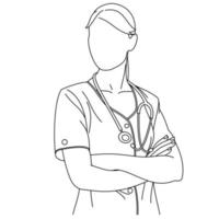 Illustration line drawing of a young medical nurse professional wearing uniform scrubs and a phonendoscope or stethoscope. A portrait of a doctor looking at the camera isolated on white background vector