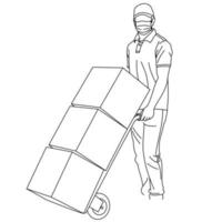 Delivery couriers man wearing medical face masks to protect from diseases, air pollution, or mers-cov. Service under quarantine pandemic covid-19. Male courier holding a cardboard boxes and clipboard vector