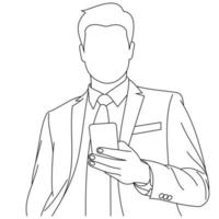 dibujos de líneas ilustrativas de un apuesto hombre de negocios con traje formal mirando la pantalla de un teléfono inteligente, revisando información en línea de las noticias de las redes sociales y leyendo o escribiendo mensajes de correo aislados en blanco vector