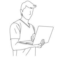 A programmer in casual t-shirt holding a laptop in his hands who is searching for solution of the problem. A entrepreneur man checking and typing online email on laptop or chatting in social network vector