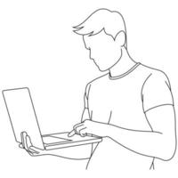 un programador con una camiseta informal que sostiene una computadora portátil en sus manos y busca una solución al problema. un hombre emprendedor revisando y escribiendo correo electrónico en línea en una computadora portátil o chateando en una red social vector