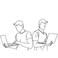 A programmer in casual t-shirt holding a laptop in his hands who is searching for solution of the problem. A entrepreneur man checking and typing online email on laptop or chatting in social network vector