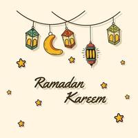 ramadan kareem with lanterns, Moon, and stars vector