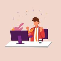 Executive man success well done work concept. Man manager got promotion and raised hands up. Vector colorful illustration.